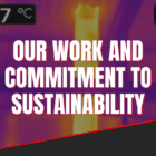 A graphic that says our commitment to sustainability with a thermal heat image behind it